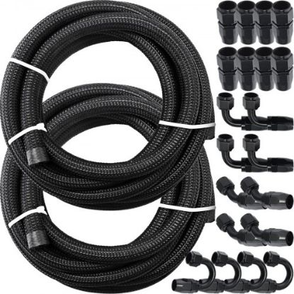 Picture of VEVOR 8AN Fuel Line, 20 Pcs 8AN Fuel Hose Kit, 32.8Ft BK Nylon Stainless Steel Braided Oil Line Hose, NBR CPE Synthetic Rubber AN8 Gas Line, 8AN Universal Fitting Adapter Set with Aluminum Hose End