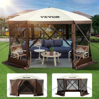 Picture of VEVOR Camping Gazebo Screen Tent, 12*12ft, 6 Sided Pop-up Canopy Shelter Tent with Mesh Windows, Portable Carry Bag, Stakes, Large Shade Tents for Outdoor Camping, Lawn and Backyard, Brown/Beige