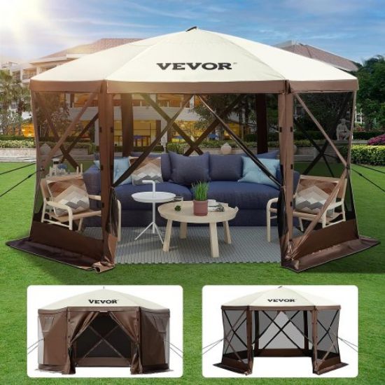 Picture of VEVOR Camping Gazebo Screen Tent, 12*12ft, 6 Sided Pop-up Canopy Shelter Tent with Mesh Windows, Portable Carry Bag, Stakes, Large Shade Tents for Outdoor Camping, Lawn and Backyard, Brown/Beige