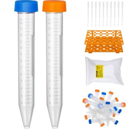 Picture of VEVOR Conical Centrifuge Tubes, 15mL, 500Pcs PP Graduated Container w/ Leak-proof Screw Cap, Write Mark & Test Tube Rack, DN/RNase Free, for Lab Sample Storage & Separate, Blue & Orange