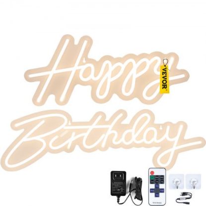 Picture of VEVOR Happy Birthday Neon Sign, 18" x 8" & 26" x 7.5" LED Neon Lights Signs, Adjustable Brightness with Dimmer Switch and Power Adapter, Reusable for Party, Club, Celebration and Decoration Warm White