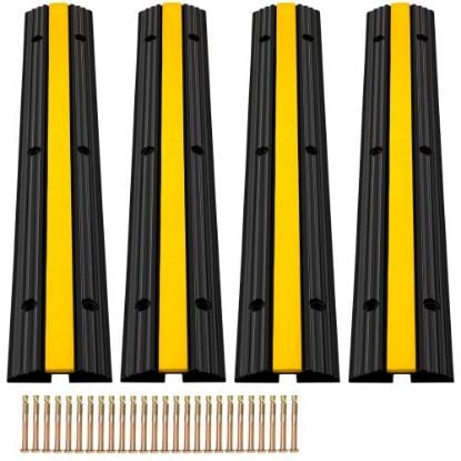 Picture of VEVOR Cable Protector Ramp, 4 Packs 1 Channel Speed Bump Hump, Heavy Duty Rubber Modular Rated 18000 LBS Load Capacity Protective Wire Cord Driveway Traffic, Black