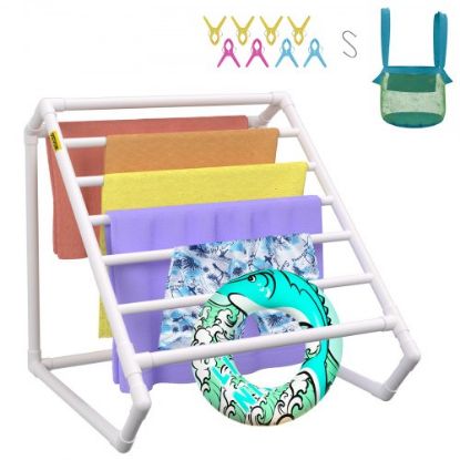 Picture of VEVOR Pool Towel Rack, 5 Bar, White, Freestanding Outdoor PVC T-Shape Poolside Storage Organizer, Include 8 Towel Clips, Mesh Bag, Hook, Also Stores Floats and Paddles, for Beach, Swimming Pool, Home