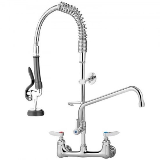 Picture of VEVOR Commercial Faucet with Pre-Rinse Sprayer, 8" Adjustable Center Wall Mount Kitchen Faucet with 12" Swivel Spout, 43" Height Compartment Sink Faucet for Industrial Restaurant, Lead-Free Brass