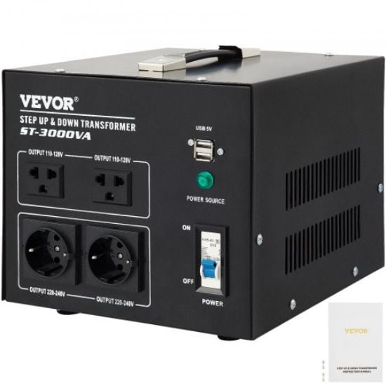 Picture of VEVOR Voltage Converter Transformer,1000W Heavy Duty Step Up/Down Transformer Converter(240V to 110V, 110V to 240V),2 US&1 UK&1 Universal Outlet with Circuit Break Protection,5V USB Port,CE Certified