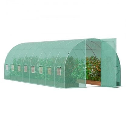 Picture of VEVOR Walk-in Tunnel Greenhouse, 12 x 7 x 7 ft Portable Plant Hot House w/ Galvanized Steel Hoops, 1 Top Beam, Diagonal Poles, Zippered Door & 6 Roll-up Windows, Green