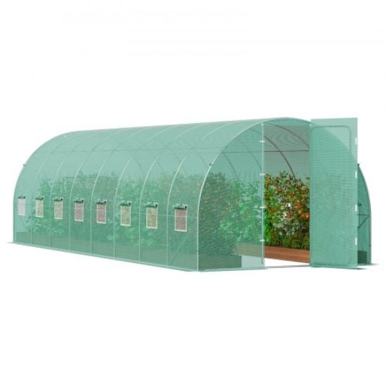 Picture of VEVOR Walk-in Tunnel Greenhouse, 15 x 7 x 7 ft Portable Plant Hot House w/ Galvanized Steel Hoops, 1 Top Beam, Diagonal Poles, Zippered Door & 8 Roll-up Windows, Green