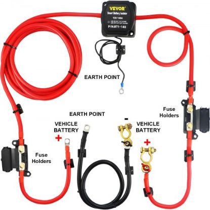 Picture of VEVOR Split Charge Relay Kit, 6mtr 12V, Automatic Dual Battery Isolator Kit with 140AMP Voltage Sense Relay VSR, Compatible with RV Marine Car Vehicle Truck Caravan Camper Yacht ATV UTV Boats Workshop