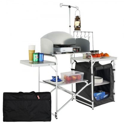 Picture of VEVOR Camping Kitchen Table, Pop-up Aluminum Portable Folding Cook Station w/ 3-Tier Storage Organizer, Side Pocket & Carrying Bag, Quick Installation for Outdoor BBQ Party Backyard & Tailgating, Blue