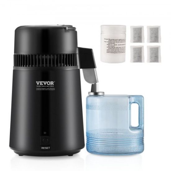 Picture of VEVOR 1.1Gal Water Distiller, 0.3Gal/H, 750W Distilled Water Maker Machine 0-99H Timing Dual Temp Display, 304 Stainless Steel Countertop Distiller Glass Carafe Cleaning Powder 3 Carbon Packs, Red