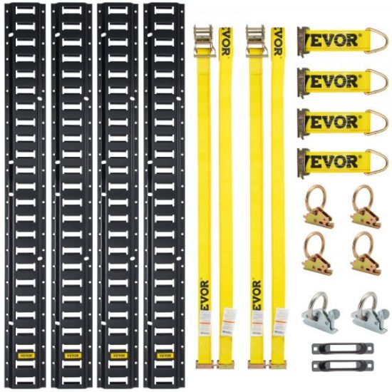 Picture of VEVOR E Track Tie-Down Rail Kit, 30PCS 5FT E-Tracks Set Includes 4 Steel Rails & 2 Single Slot & 8 O Rings & 8 Tie-Offs w/D-Ring & 8 End Caps, Securing Accessories for Cargo, Motorcycles, and Bikes