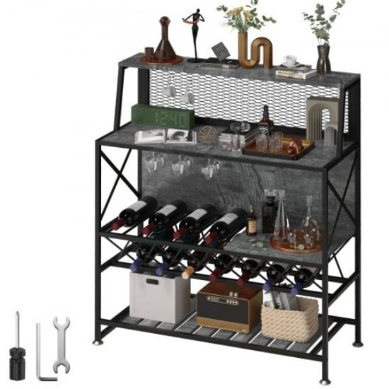 Picture of VEVOR Wine Rack Home Bar Table, Industrial Liquor Storage Cabinets with Glass Holder, Bakers Rack Freestanding with Large Capacity for Home Kitchen Dining Room, Hold 12 Bottles of Wine (Rustic Brown)