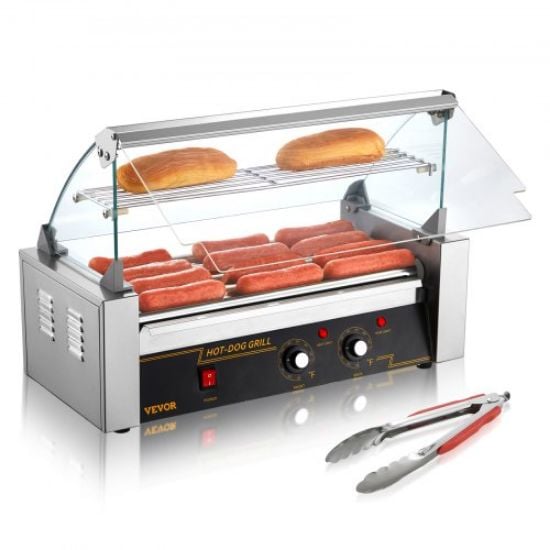 Picture of VEVOR Hot Dog Roller, 12 Hot Dog Capacity 5 Rollers, 750W Stainless Steel Cook Warmer Machine with Dual Temp Control, LED Light and Detachable Drip Tray, Sausage Grill Cooker for Kitchen Restaurant