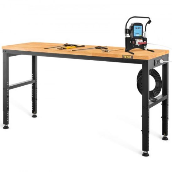 Picture of VEVOR Workbench Adjustable Height, 61" x 20" Garage Table w/ 27.1" - 36" Heights & 2000 LBS Load Capacity, with Power Outlets & Hardwood Top & Metal Frame & Foot Pads, for Workshop Office Home