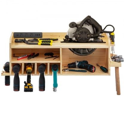 Picture of VEVOR Power Tool Organizer, Wall Mount Drill Holder, 4 Drill Hanging Slots Drill Charging Station, 3-Shelf Cordless Drill Storage, Polished Wooden Toolbox for Saw, Impact Wrench, Screwdriver Drill