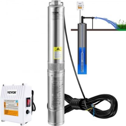 Picture of VEVOR Deep Well Submersible Pump, 1HP 230V/60Hz, 37gpm Flow 207ft Head, with 33ft Electric Cord, 4" Stainless Steel Water Pump for Industrial, Irrigation&Home Use, IP68 Waterproof Grade