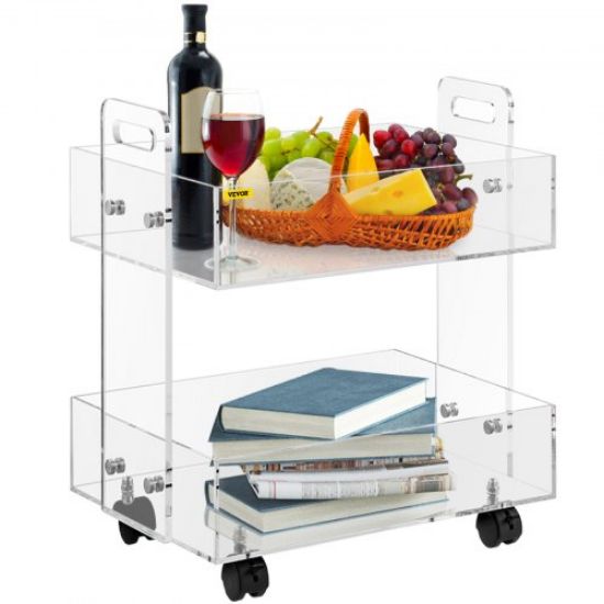 Picture of VEVOR Acrylic Cart, 2 Tier, 0.3 in Thickened Board, Holds Up to 66 lbs, Acrylic Side Table with Lockable Swivel Wheels, for Office School Home, 13.4" x 15.7" x 19"