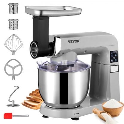 Picture of VEVOR 5 IN 1 Stand Mixer, 660W Tilt-Head Multifunctional Electric Mixer with 6 Speeds LCD Screen Timing, 7.4 Qt Stainless Bowl, Dough Hook, Flat Beater, Whisk, Scraper, Meat Grinder, Juice Cup - Gray