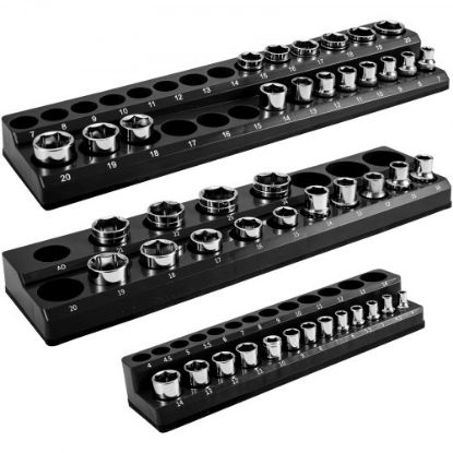 Picture of VEVOR 3-Pack SAE Magnetic Socket Organizers, 1/2-inch, 3/8-inch, 1/4-inch Drive Socket Holders Hold 68 Sockets, Red Tool Box Organizer for Sockets Storage