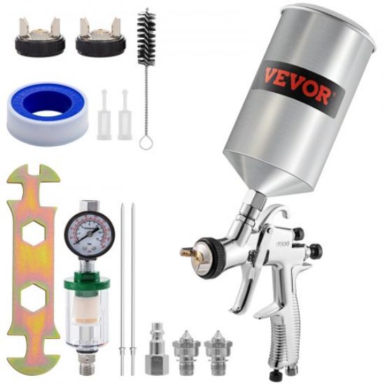 Picture of VEVOR 11 Piece Spray Gun Set, Professional Gravity Feed Paint Sprayer 2 Full Size, 1 Detail with 1.0mm 1.4mm 1.8mm Nozzles, 1000cc Copper Cup, Air Regulator & Gauge for Furniture, Fence, Car, Garden