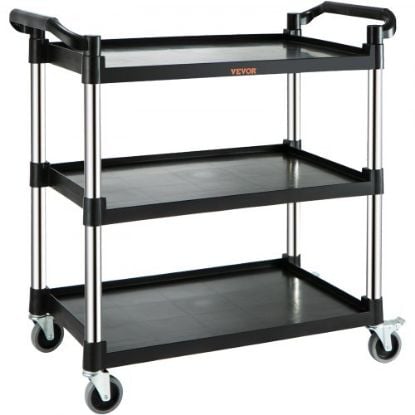 Picture of VEVOR Utility Service Cart, 3 Shelf Heavy Duty 154LBS Food Service Cart, Rolling Utility Cart with Lockable Wheels, 32.7" x 15.7" x 37.4" Plastic Utility Cart for Kitchen Office Restaurant Home, Black