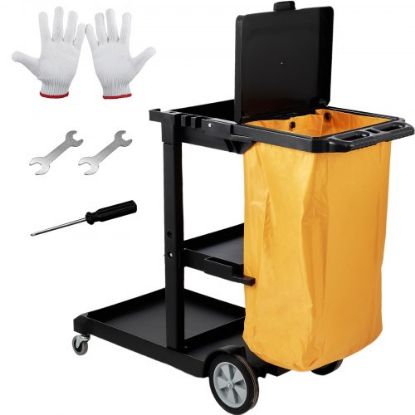 Picture of VEVOR Cleaning Cart, 3-Shelf Commercial Janitorial Cart, 200 lbs Capacity Plastic Housekeeping Cart, with 25 Gallon PVC Bag, 47 x 20 x 38.6in, Yellow&Black