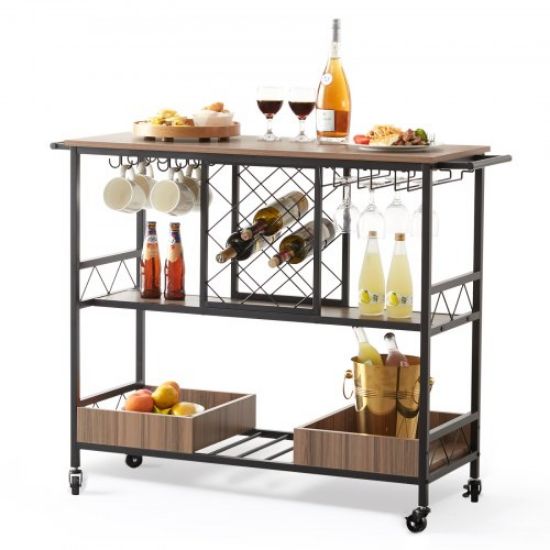 Picture of VEVOR 2 Tiers Gold Metal Bar Serving Cart with Wine Rack Glass Holder 120 LBS