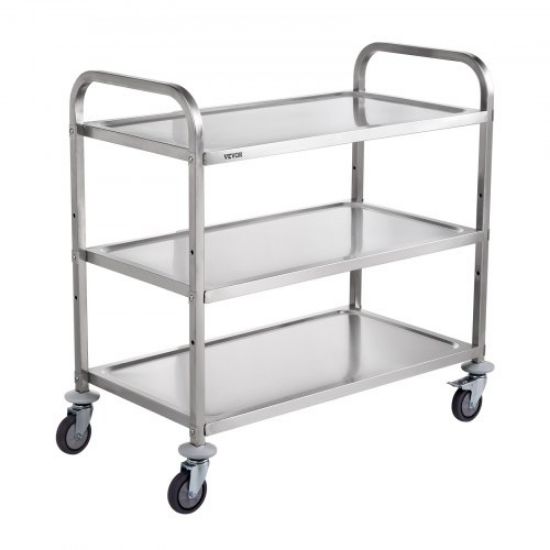 Picture of VEVOR Kitchen Utility Cart, 3 Tiers, Wire Rolling Cart w/ 450LBS Capacity, Steel Service Cart on Wheels, Metal Storage Trolley w/ 80mm Basket Curved Handle PP Liner 6 Hooks, for Indoor and Outdoor Use