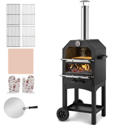 Picture of VEVOR Outdoor Oven 12-inch Pellet and Charcoal Fired Maker, Portable Outside Stainless Steel Grill with Pizza Stone, Waterproof Cover, Shovel, Wood Burner for Backyard Camping, Black