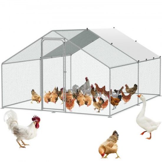 Picture of VEVOR Large Metal Chicken Coop with Run, 19.7x9.8x6.6ft, Walkin Poultry Cage for Yard with Waterproof Cover, Dome Roof Large Poultry Cage for Hen House, Duck and Rabbit, Silver