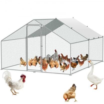 Picture of VEVOR Large Metal Chicken Coop with Run, Walkin Chicken Coop for Yard with Waterproof Cover, 13.1 x 9.8 x 6.6 ft, Dome Roof Large Poultry Cage for Hen House, Duck Coop and Rabbit Run, Silver