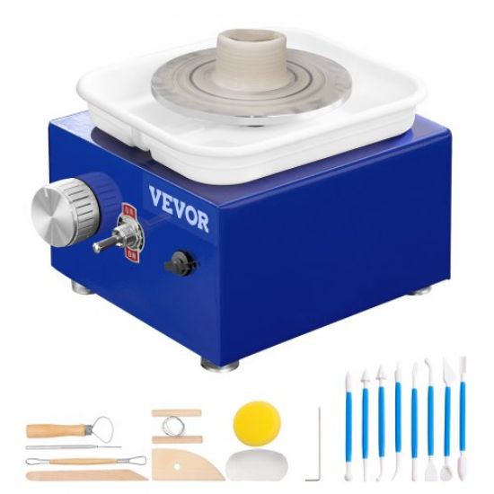 Picture of VEVOR Mini Pottery Wheel, for Kids or Beginners, 2 Turntables 2.6in/3.9in Ceramic Wheel Machine, Adjustable 0-300RPM Speed ABS Detachable Basin, 17 Pottery Accessories, Work Art Craft DIY, 30W, Blue