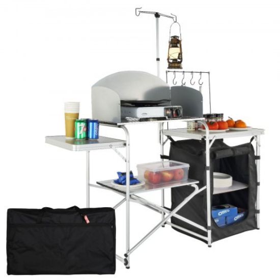 Picture of VEVOR Camping Kitchen Table, One-piece Folding Portable Cook Station with A Carrying Bag, Aluminum Camping Table 4 Iron Side Tables & 2 Shelves, Ideal for Outdoor Picnics, BBQs, Camping, RV Traveling