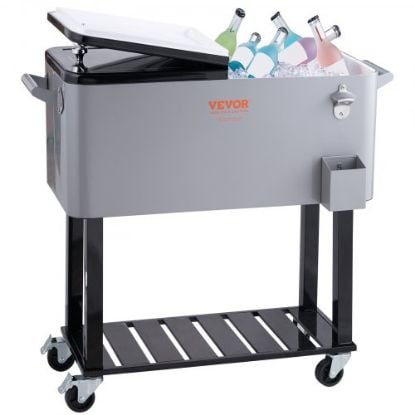 Picture of VEVOR Rolling Ice Chest Cooler Cart 80 Quart, Portable Bar Drink Cooler, Beverage Bar Stand Up Cooler with Wheels, Bottle Opener, Handles for Patio, Backyard, Party and Pool, Black, FDA Listed