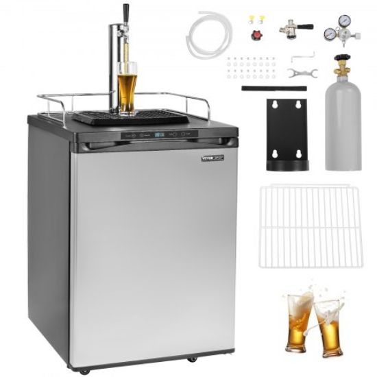 Picture of VEVOR Beer Kegerator, Dual Tap Draft Beer Dispenser, Full Size Keg Refrigerator With Shelves, CO2 Cylinder, Drip Tray & Rail, 32°F- 50°F Temperature Control, Holds 1/6, 1/4, 1/2 Barrels, Black