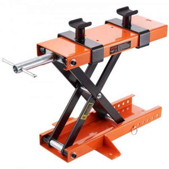 Picture of VEVOR Hydraulic Motorcycle Lift Table, 350 LBS Capacity Motorcycle Scissor Jack Lift with Wide Deck, J-hooks, 4 Wheels, Hydraulic Foot-Operated Jack Stand for ATV Dirt Bikes