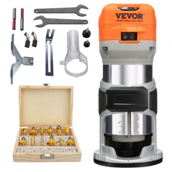 Picture of VEVOR Wood Router, 1.25HP 800W, Compact Wood Trimmer Router Combo Tool with Plunge and Fixed Base, 30000RPM 6 Variable Speeds, with 1/4'' & 5/16'' Collets Dust Hood, for Woodworking Slotting Trimming