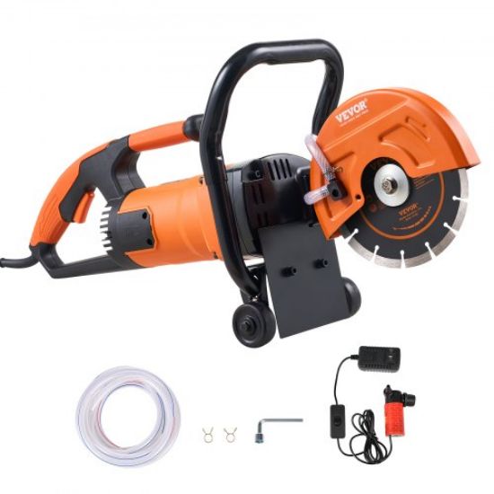 Picture of VEVOR Electric Concrete Saw, 9 in, 1800 W 15 A Motor Circular Saw Cutter with 3.5 in Cutting Depth, Wet/Dry Disk Saw Cutter Includes Water Line, Pump and Blade, for Stone, Brick