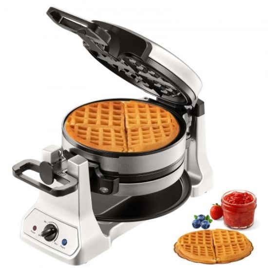 Picture of VEVOR 2-Layer Waffle Maker, 2 Pieces per Batch, 1400W Round Waffle Iron, Non-Stick Waffle Baker Machine with 122-572℉ / 50-300℃ Temp Range Teflon-Coated Baking Pans Stainless Steel Body, 120V