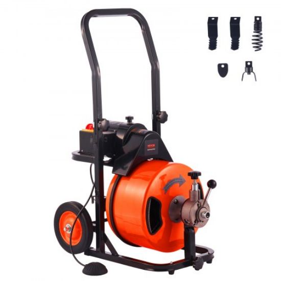 Picture of VEVOR Drain Cleaner Machine 100 FT x 1/2 Inch, Sewer Auger Auto Feed with 4 Cutter & Air-activated Foot Switch for 1" to 4" Pipes, Orange, Black