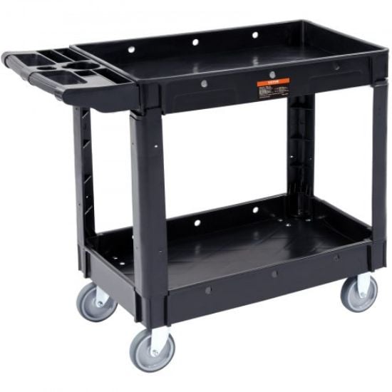 Picture of VEVOR Utility Service Cart, 2 Shelf 550LBS Heavy Duty Plastic Rolling Utility Cart with 360° Swivel Wheels (2 with Brakes), Large Lipped Shelf, Ergonomic Storage Handle for Warehouse/Garage/Cleaning