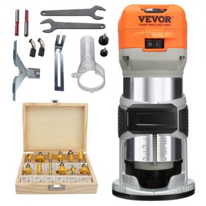 Picture of VEVOR Wood Router, 1.25HP 800W, Compact Wood Trimmer Router Tool, 30000RPM Max Speed 6 Variable Speeds, with 1/4'' & 5/16'' Collets 12 PCs Milling Cutters Dust Hood, for Woodworking Slotting Trimming