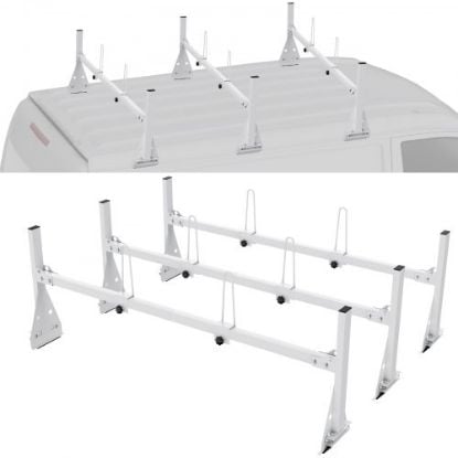 Picture of VEVOR Van Ladder Rack, 56.3-61.4" Adjustable Rain Gutter Van Roof Racks, Alloy Steel Roof Rack with 750 lbs Capacity, Van Roof Ladder Rack with Ladder Stoppers, Compatible with Full-Size Vans, 3 Bars