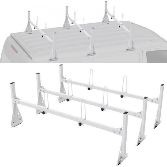 Picture of VEVOR Van Roof Ladder Rack, 3 Bars Alloy Steel Roof Racks, 750 LBS Capacity Rain-Gutter Roof Rack, Adjustable Length 40.2" to 74.8", Van Ladder Rack Compatible with Chevrolet Express, GMC Savana, etc