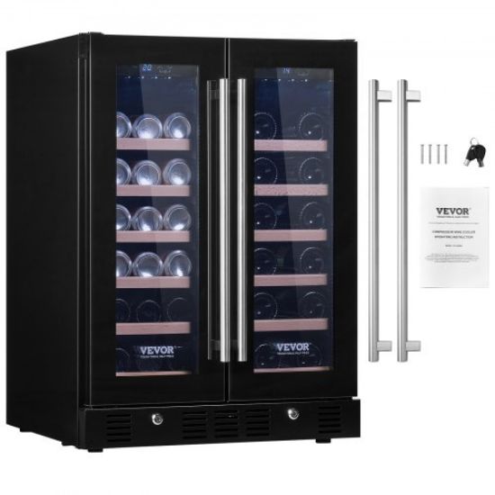 Picture of VEVOR Wine Cooler, 46 Bottles Under Counter Built-in or Freestanding Wine Refrigerator, Dual Zone Beverage Cooler with Blue LED Light, Single Door, Child Lock for Beer Soda Wine Water, ETL Listed