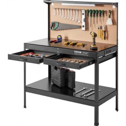 Picture of VEVOR Adjustable Workbench, 48" L X 24" W Garage Worktable with Universal Wheels, 28-39.5" Heights & 2000 LBS Load Capacity, with Power Outlets & Hardwood Top & Storage & Foot Pads, for Office Home