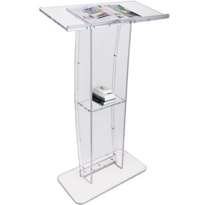 Picture of VEVOR Acrylic Podium, 47" Acrylic Podium Stand with Wide Reading Surface & Storage Shelf, Floor-standing Clear Pulpits Acrylic for Church Office School, Black