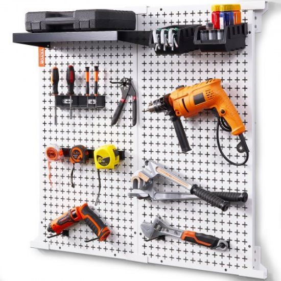 Picture of VEVOR Pegboard Wall Organizer 48" x 32", 495LBS Loading Garage Metal Pegboard Organizer Wall Mount, 37PCS Tool Storage Kit with 3 Peg Boards, Hooks, Storage Bins, Shelf Racks for Warehouse Garage Shop