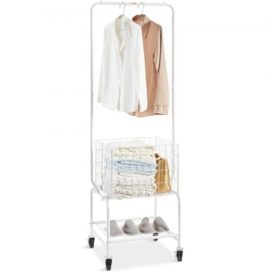 Picture of VEVOR Metal Rolling Laundry Basket with Hanging Garment Rack, Height Adjustment Laundry Hamper Cart with Basket Load and Shelf Load, Storage Organizer with Heavy Duty Lockable Wheels