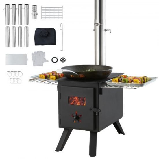 Picture of VEVOR Wood Stove, 86 inch, Stainless Steel Camping Tent Stove, Portable Wood Burning Stove with Chimney Pipes & Gloves, 3000in³Firebox Hot Tent Stove for Outdoor Cooking and Heating with 8 Pipes